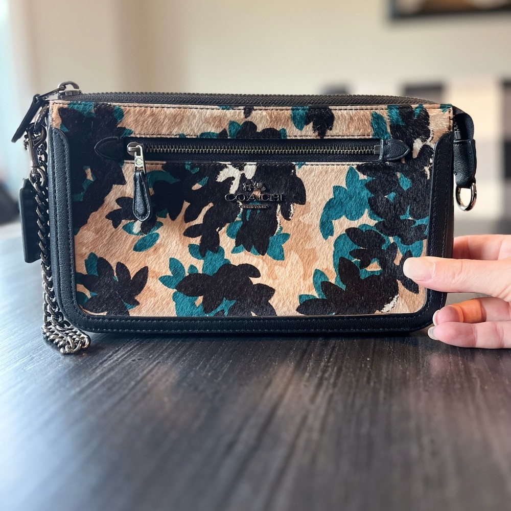 COACH Pebbled Leather Calf Hair Clutch. Gunmetal wristlet chain. Great condition